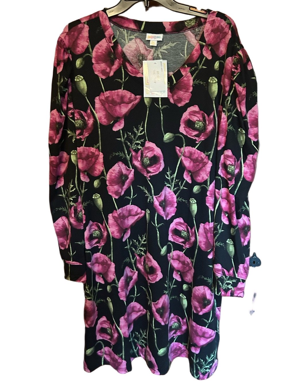 LuLaRoe Black Long Top with Pink Floral Print - Ava 3X